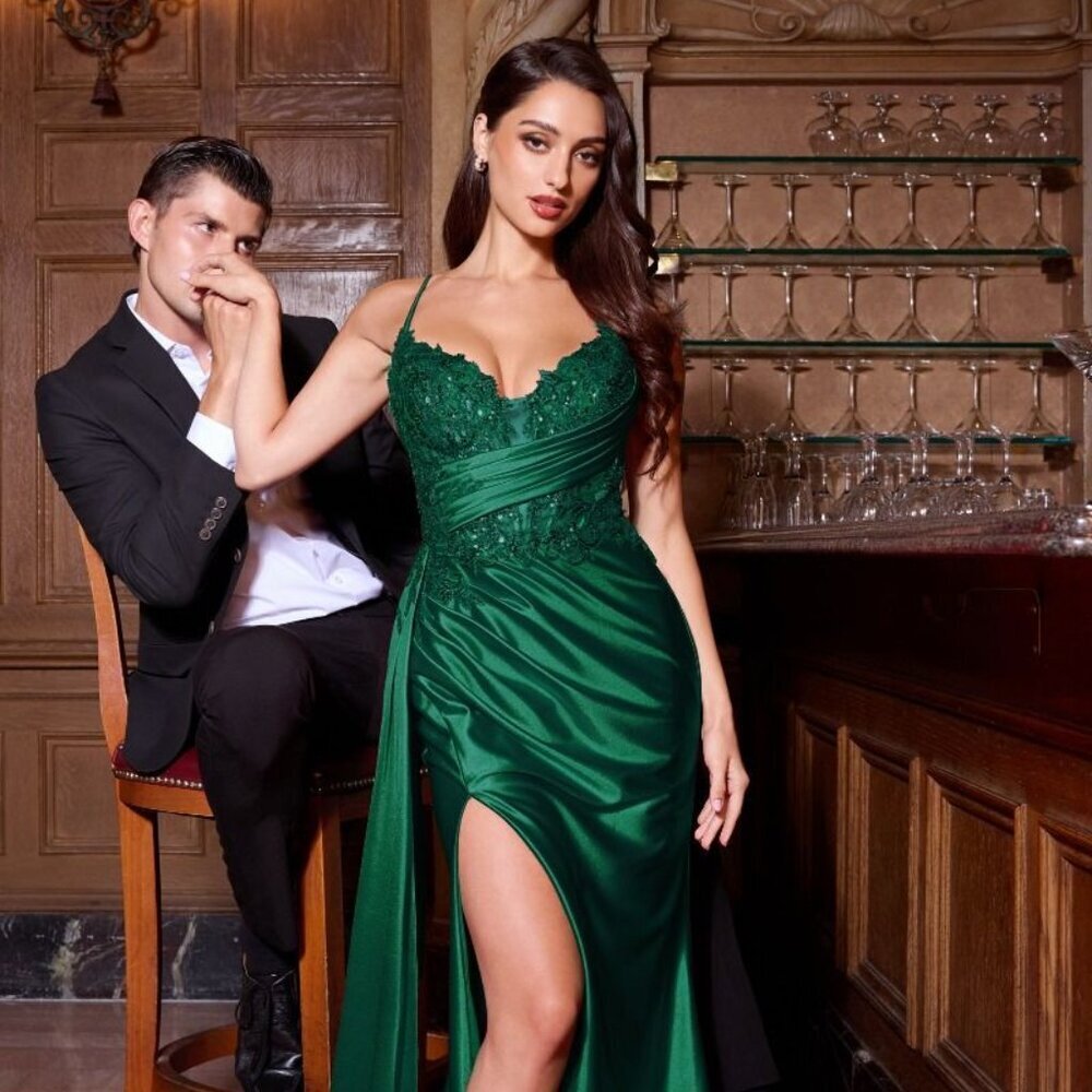 NEW PROM SLEEVELESS SATIN GOWN W/ STRUCTURAL BODICE & LACE EMBROIDERY CD KV1117